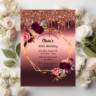 Birthday burgundy florals glitter geometric invitation