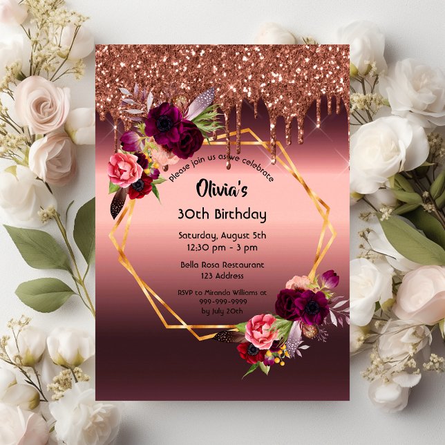 Birthday burgundy florals glitter geometric invitation (Creator Uploaded)