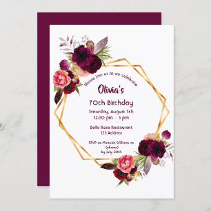 Birthday burgundy florals gold geometric invitation