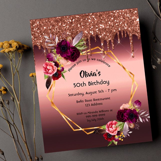 Birthday burgundy flower glitter budget invitation (Creator Uploaded)