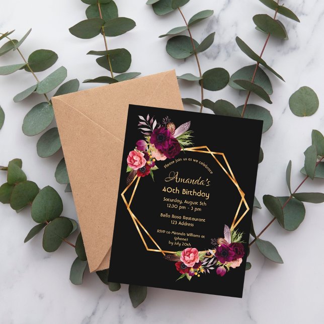 Birthday burgundy gold black invitation postcard (Creator Uploaded)