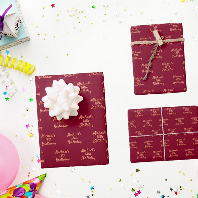 Birthday burgundy gold name script wrapping paper sheet (Creator Uploaded)