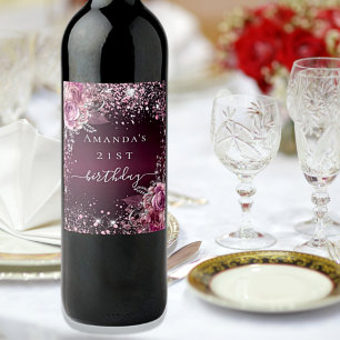Birthday burgundy pink floral glitter dust name wine label