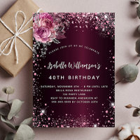 Birthday burgundy pink florals glitter glamourous