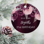Birthday burgundy pink flowers name ceramic tree decoration<br><div class="desc">For an elegant 21st (or any age) birthday.  Decorated with burgundy and pink flowers. Personalise and add a name and age. The name is written with a modern hand lettered style script.</div>