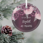 Birthday burgundy pink flowers name glass tree decoration<br><div class="desc">For an elegant 40th (or any age) birthday.  Decorated with burgundy and pink flowers. Personalise and add a name and age. The name is written with a modern hand lettered style script.</div>