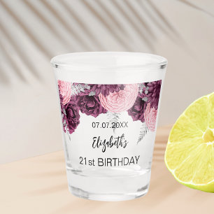 Birthday burgundy pink flowers name shot glass