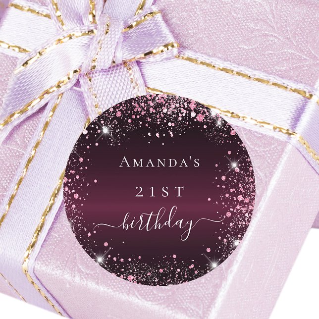 Birthday burgundy pink glitter dust name script classic round sticker (Creator Uploaded)