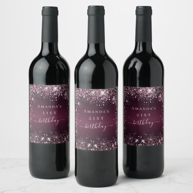 Birthday burgundy pink glitter dust name script wine label (Bottles)