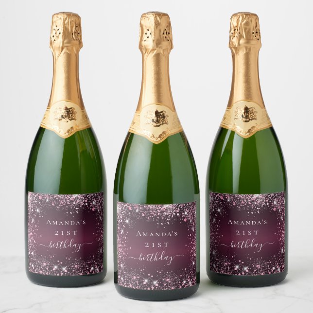 Birthday burgundy pink glitter name script sparkling wine label (Bottles)