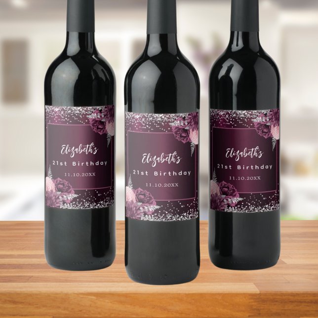 Birthday burgundy pink silver flowers wine label (Creator Uploaded)