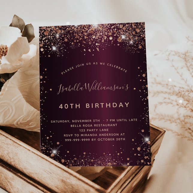 Birthday burgundy rose gold budget invitation flyer (Creator Uploaded)