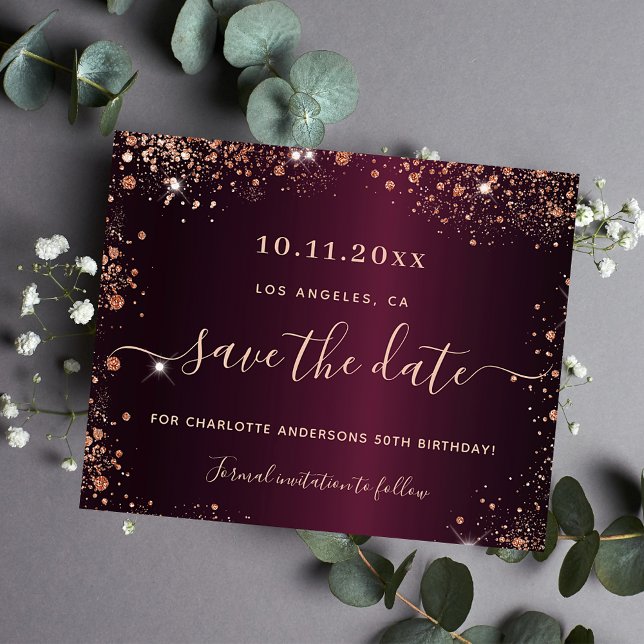 Birthday burgundy rose gold budget save the date flyer (Creator Uploaded)