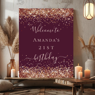 Birthday burgundy rose gold glitter dust welcome poster