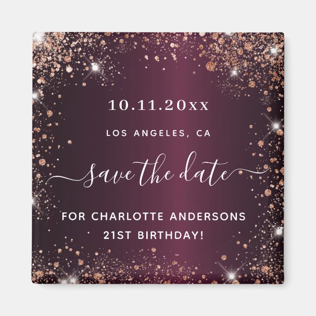 Birthday burgundy rose gold glitter save the date magnet (Front)