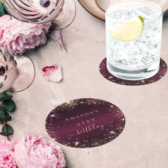 Birthday burgundy rose gold name elegant round paper coaster (Creator Uploaded)