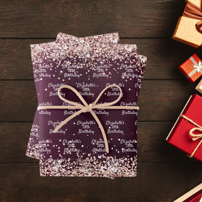 Birthday burgundy rose gold name elegant wrapping paper sheet (Creator Uploaded)
