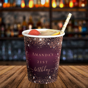 Birthday burgundy rose gold name party paper cups