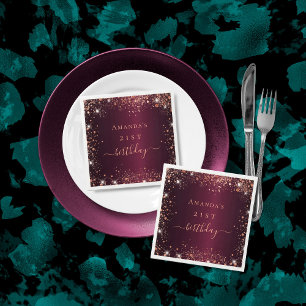 Birthday burgundy rose gold name script napkin