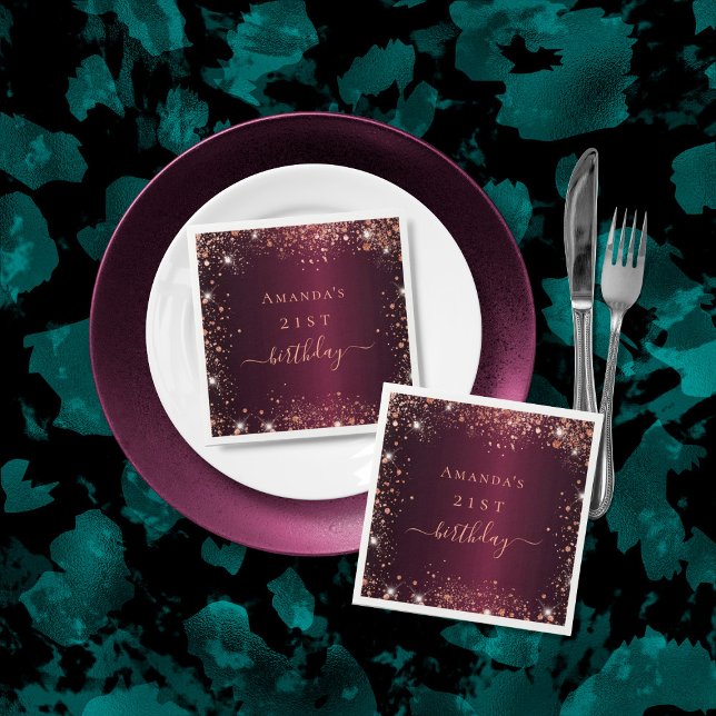 Birthday burgundy rose gold name script napkin (Creator Uploaded)
