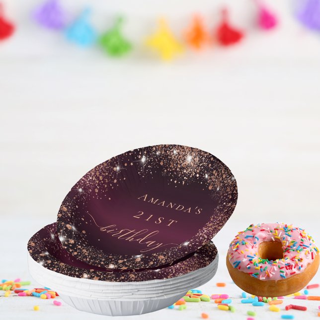 Birthday burgundy rose gold name script paper plate (Creator Uploaded)
