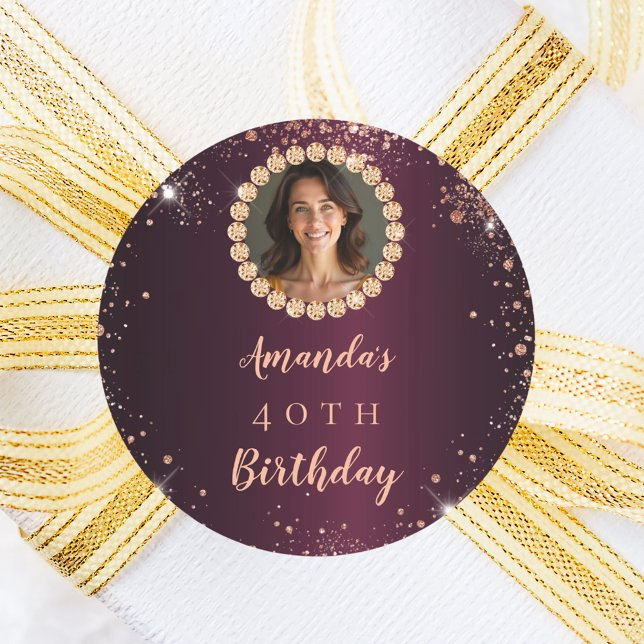 Birthday burgundy rose gold photo diamonds classic round sticker (Creator Uploaded)