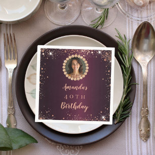 Birthday burgundy rose gold photo diamonds napkin