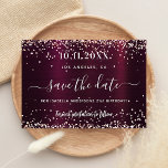 Birthday burgundy rose gold save the date<br><div class="desc">A Save the Date card for a 21st,  (or any age) birthday party. A deep burgundy metallic looking background decorated with rose gold faux glitter,  sparkles. Personalise and add a date and name/age.  The text: Save the Date is written with a hand lettered style script with swashes.</div>