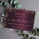 Birthday burgundy rose gold save the date<br><div class="desc">A modern Save the Date card for a 50th (or any age) birthday party. A burgundy faux metallic looking background colour. Decorated with rose gold faux glitter dust. The text: Save the Date is written with a large trendy hand lettered style script.</div>