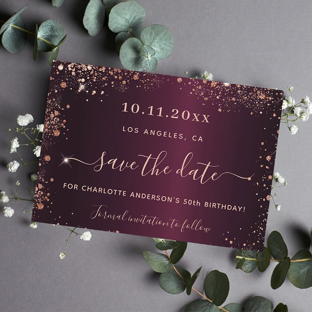 Birthday burgundy rose gold save the date (Creator Uploaded)