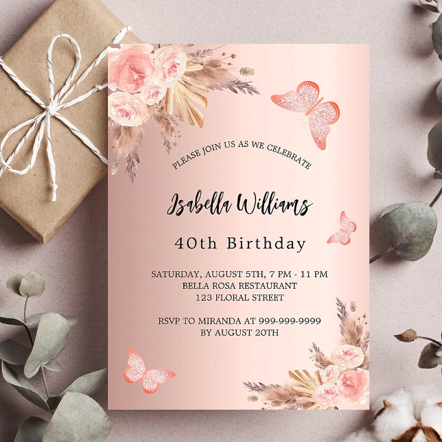 Birthday butterfly pampas rose gold floral luxury invitation (Creator Uploaded)