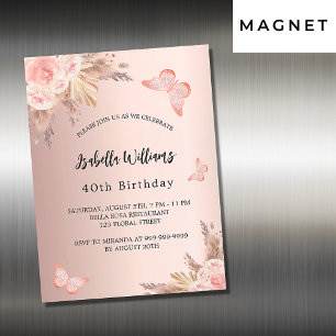 Birthday butterfly pampas rose gold floral luxury magnetic invitation