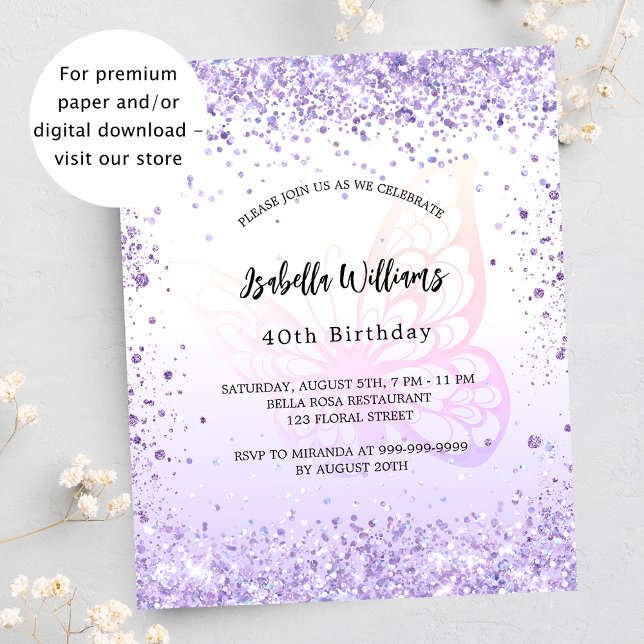 Birthday butterfly violet budget invitation flyer (Creator Uploaded)
