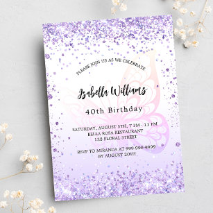 Birthday butterfly violet lavender script luxury invitation