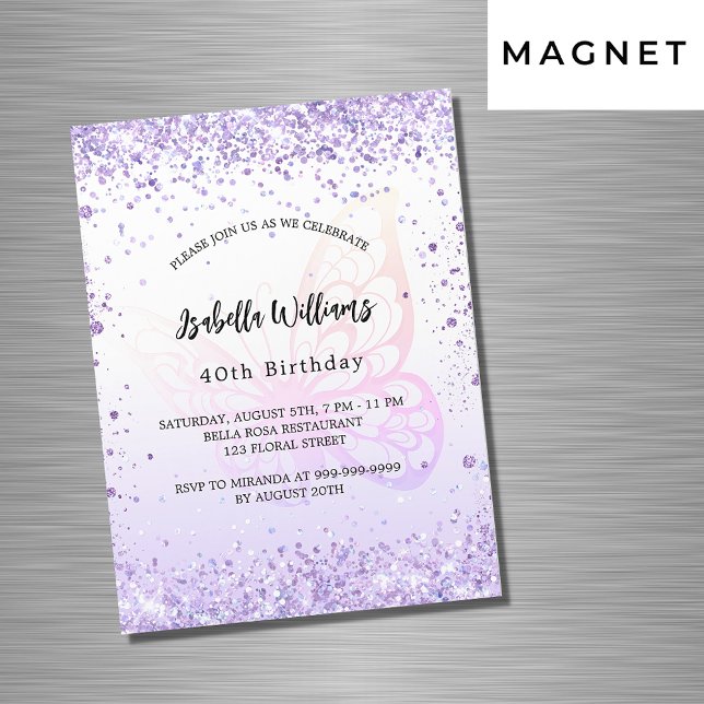 Birthday butterfly violet lavender script luxury magnetic invitation (Creator Uploaded)