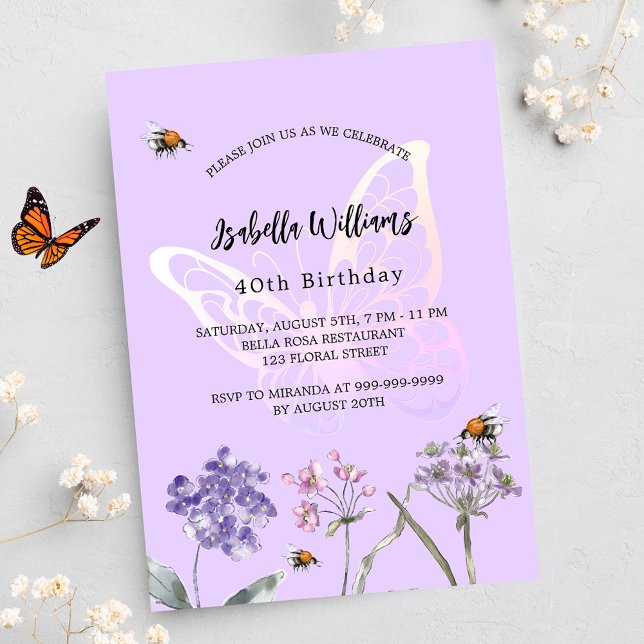 Birthday butterfly violet wildflowers pink luxury invitation (Creator Uploaded)
