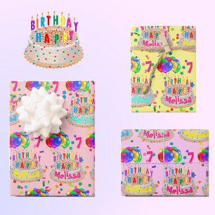 Birthday Cake Balloons Add NAME AGE Girls Wrapping Paper Sheet