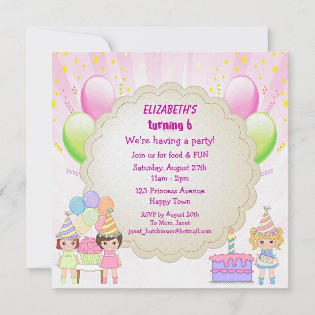Birthday Cake & Balloons Girl's Party Invites (Front)