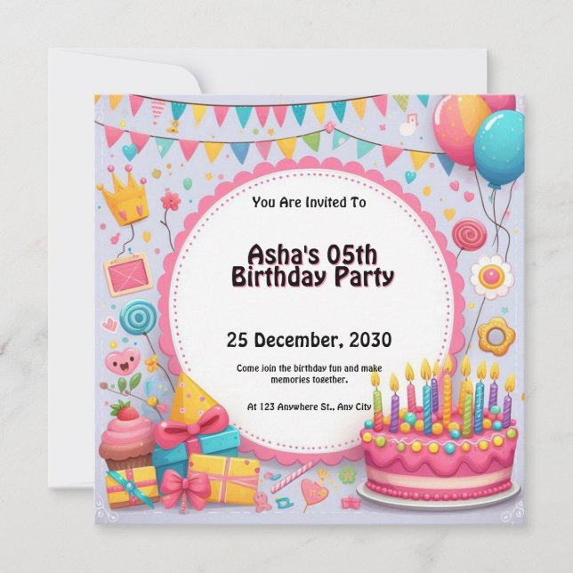 Birthday Cake & Balloons Personalised Invitation (Front)