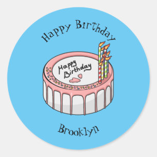 Birthday cake cartoon illustration  classic round sticker