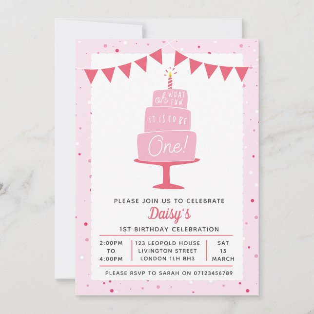 Birthday Cake Girls 1st birthday invitation (Front)