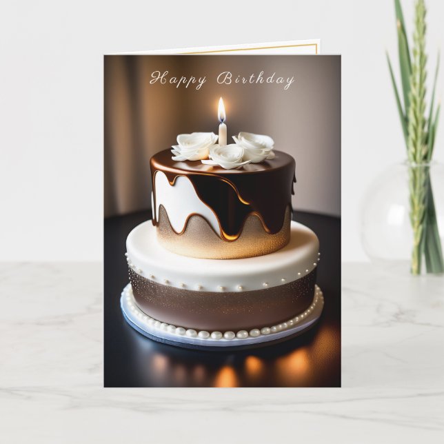 Birthday Cake Gold Brown White Pearls Card (Front)