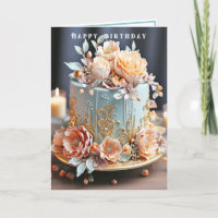Birthday Cake Light Blue Peach Gold Filigree
