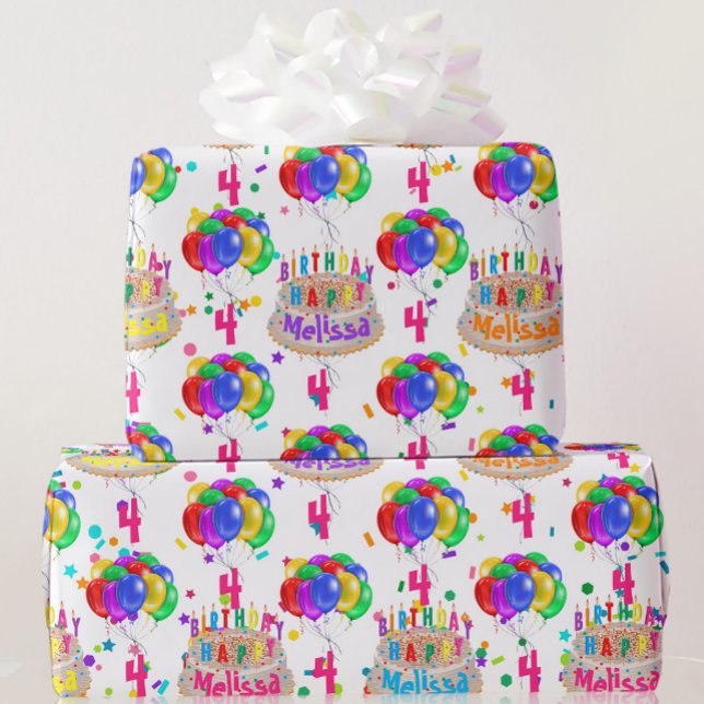 Birthday Cake NAME Balloons Personalise AGE Roll Wrapping Paper (Creator Uploaded)
