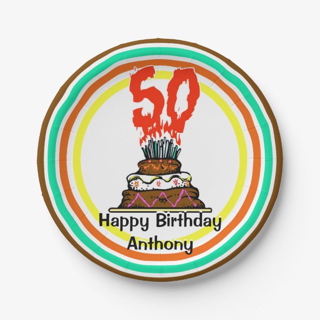 Birthday Cake on Fire with 50 Candles Paper Plate (Front)