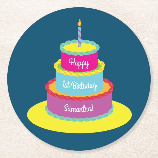 Birthday Cake Party Round Paper Coaster (Front)