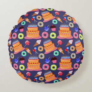Birthday Cake Pastry Pattern Design Round Cushion