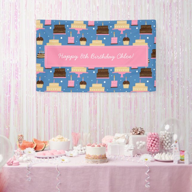 Birthday Cake Pattern Custom Name + Greeting Banner (Party)