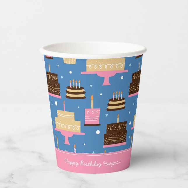 Birthday Cake Pattern Custom Name + Greeting Paper Cups (Front)