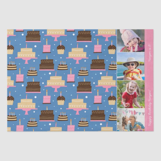 Birthday Cake Pattern Custom Name + Greeting Photo Tissue Paper (Front)